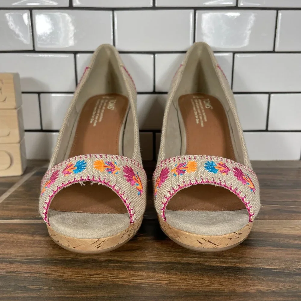 Toms Stella Womens Size 9.5 Shoes Natural Burlap Embroidery Peep Toe Wedge Heel